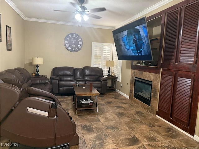 5315 Debut Ct, North Las Vegas, NV 89031 - living area with a ceiling fan, crown molding, a fireplace, and stone finish flooring