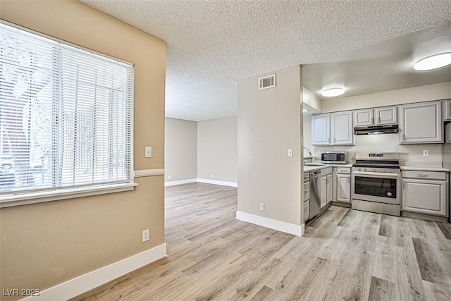4348 Tara Ave Unit 2, Las Vegas, NV 89102 - kitchen with appliances with stainless steel finishes, gray cabinets, under cabinet range hood, a textured ceiling, and light wood-style floors