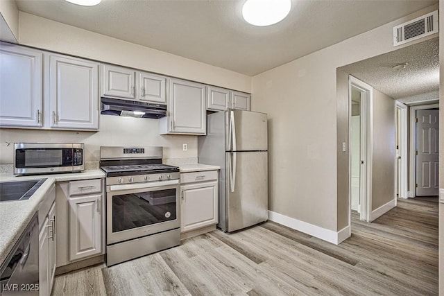 4348 Tara Ave Unit 2, Las Vegas, NV 89102 - kitchen featuring stainless steel appliances, under cabinet range hood, light wood-type flooring, light countertops, and a textured ceiling