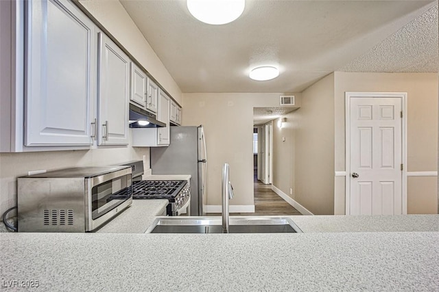 4348 Tara Ave Unit 2, Las Vegas, NV 89102 - kitchen featuring stainless steel appliances, light countertops, under cabinet range hood, a textured ceiling, and wood finished floors