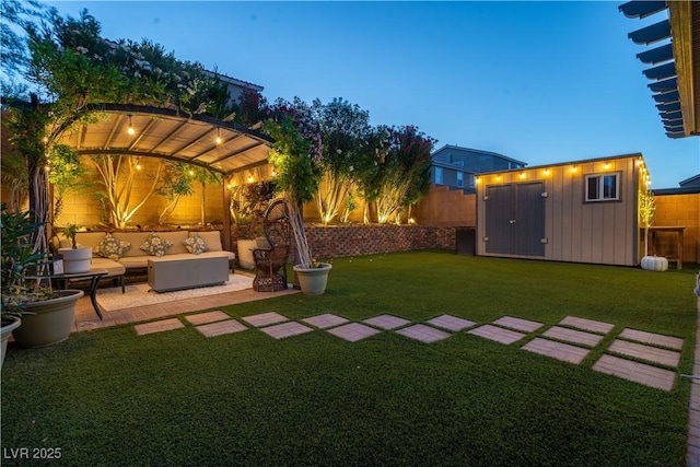 10183 Cascadia Creek St, Las Vegas, NV 89141 - fenced backyard with outdoor lounge area, a shed, a pergola, and a patio area