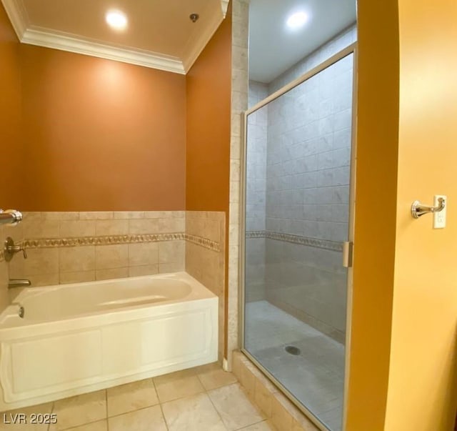 2405 Serene Ave Unit 241, Las Vegas, NV 89123 - full bathroom with a bath, tile patterned floors, ornamental molding, and a stall shower