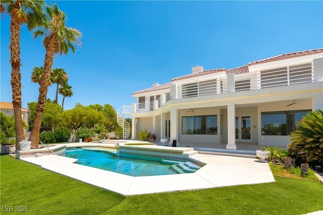 2019 Doral Ct, Henderson, NV 89074 - back of house featuring a ceiling fan, stairs, a patio area, and a chimney