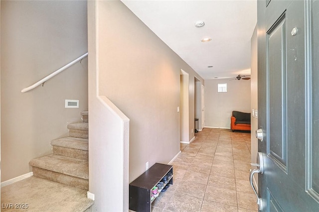 9068 Alluring Ave, Las Vegas, NV 89149 - entryway with stairs, light tile patterned floors, ceiling fan, and recessed lighting
