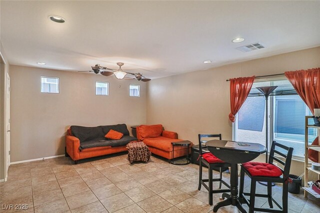 9068 Alluring Ave, Las Vegas, NV 89149 - living room with recessed lighting, light tile patterned floors, and ceiling fan