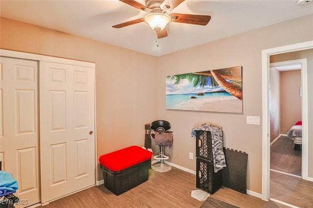 9068 Alluring Ave, Las Vegas, NV 89149 - recreation room featuring a ceiling fan and wood finished floors
