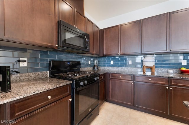 4588 Dover Straight St, Las Vegas, NV 89115 - kitchen featuring black appliances, stone counters, decorative backsplash, light tile patterned floors, and dark brown cabinetry