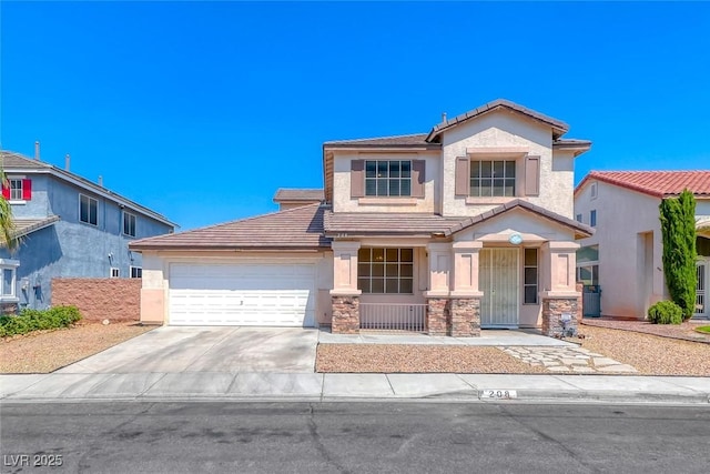 208 Glendon St, Henderson, NV 89074 - traditional home featuring a tile roof, driveway, an attached garage, stucco siding, and stone siding