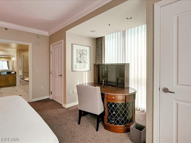 125 E Harmon Ave Unit 220, Las Vegas, NV 89109 - carpeted bedroom featuring crown molding and multiple windows