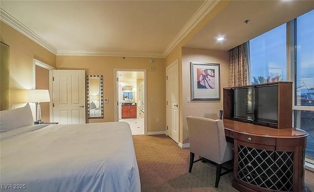 125 E Harmon Ave Unit 220, Las Vegas, NV 89109 - bedroom featuring carpet, crown molding, and connected bathroom