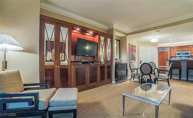 125 E Harmon Ave Unit 220, Las Vegas, NV 89109 - carpeted living room featuring ornamental molding