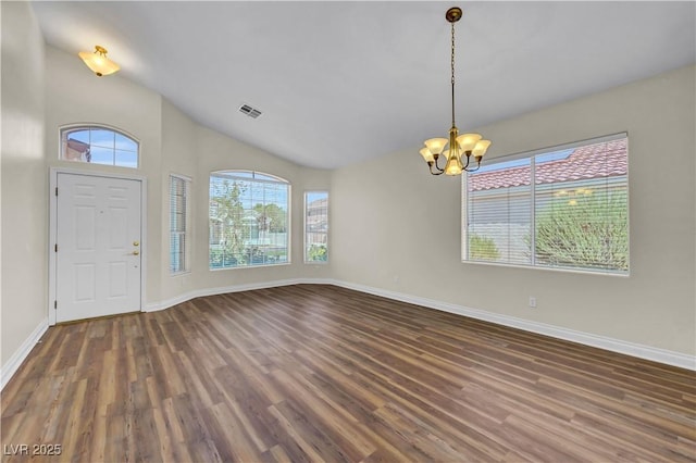 3520 Round Valley Way, Las Vegas, NV 89129 - entryway featuring wood finished floors, a chandelier, and vaulted ceiling