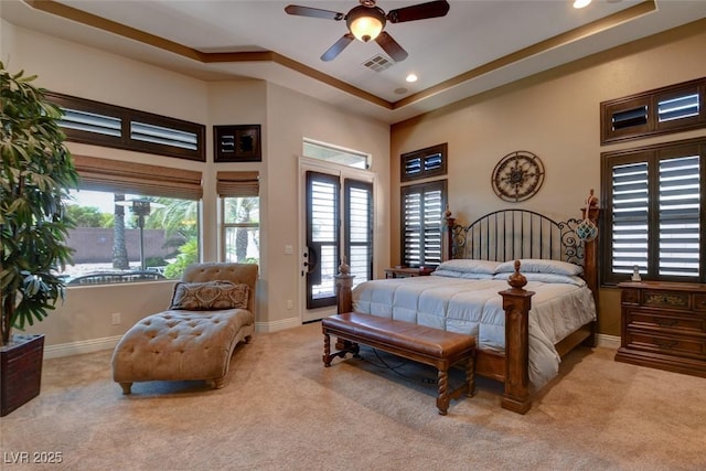 8465 Picket Ridge Ct, Las Vegas, NV 89143 - carpeted bedroom featuring access to exterior, recessed lighting, a raised ceiling, a towering ceiling, and a ceiling fan