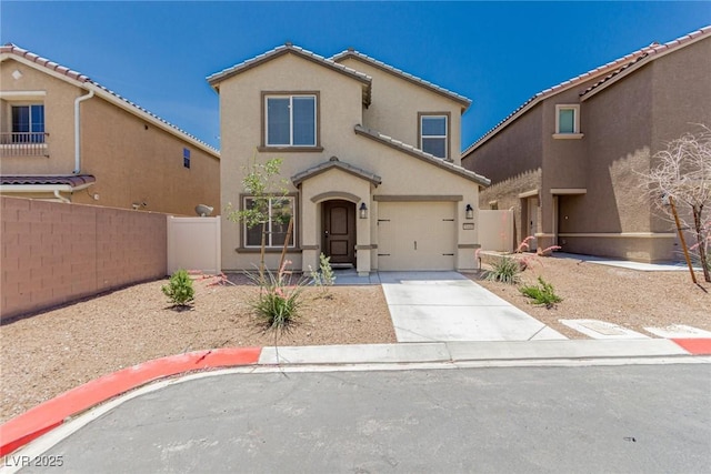 6443 Burlap Ct, Las Vegas, NV 89122 - mediterranean / spanish home with concrete driveway, stucco siding, and an attached garage