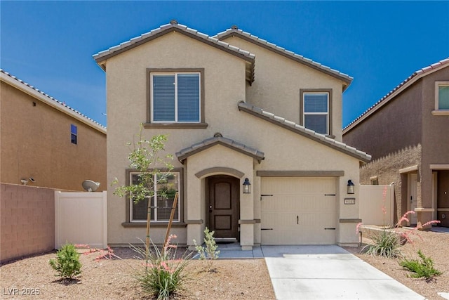 6443 Burlap Ct, Las Vegas, NV 89122 - mediterranean / spanish house with driveway, stucco siding, a garage, and a tiled roof