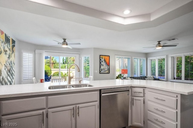 2228 Brighton Shore St, Las Vegas, NV 89128 - kitchen featuring ceiling fan, open floor plan, stainless steel dishwasher, light countertops, and recessed lighting