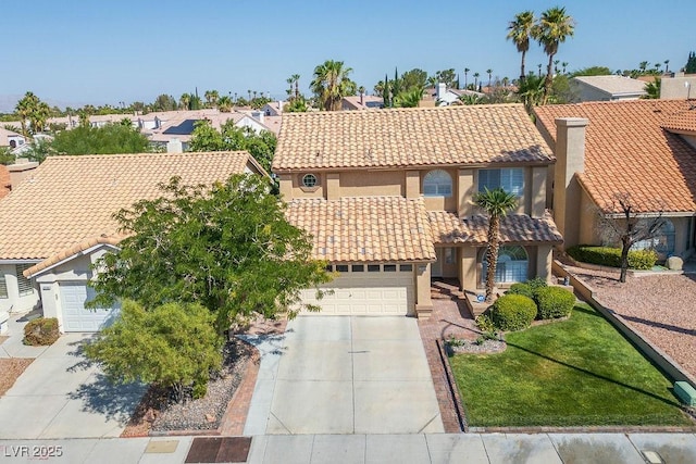 2228 Brighton Shore St, Las Vegas, NV 89128 - mediterranean / spanish home with a residential view, concrete driveway, a tiled roof, stucco siding, and a garage