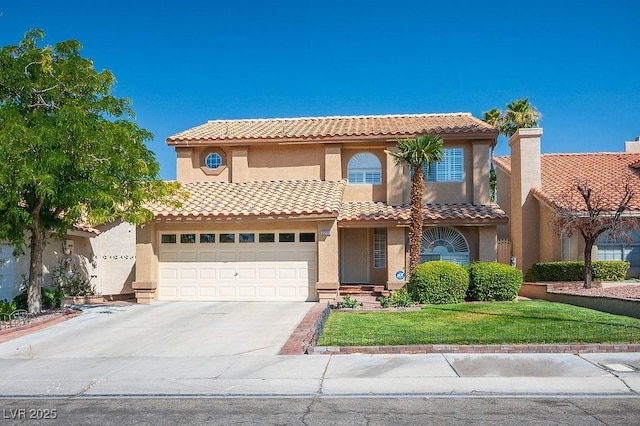 2228 Brighton Shore St, Las Vegas, NV 89128 - mediterranean / spanish house with stucco siding, driveway, a front lawn, and a tiled roof