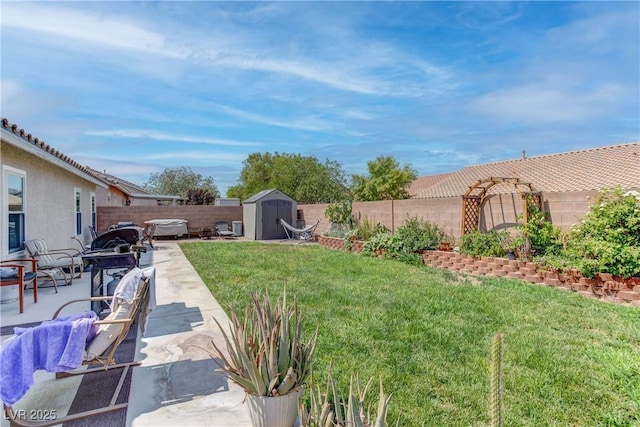 441 Groft Way, Henderson, NV 89015 - fenced backyard featuring a storage shed and a patio area