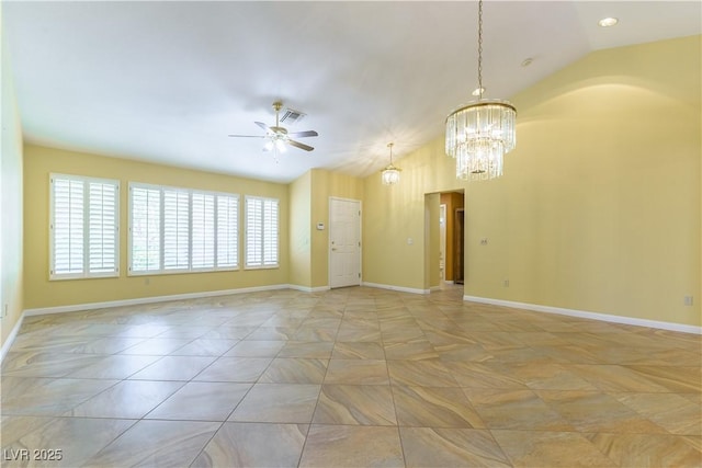 3016 Lotus Hill Dr, Las Vegas, NV 89134 - empty room featuring lofted ceiling, a ceiling fan, a chandelier, and arched walkways