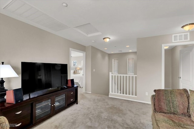 9916 Fallowdeer Ct, Las Vegas, NV 89149 - carpeted living room featuring attic access and baseboards