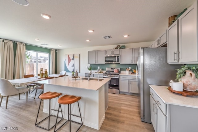 1321 Gable Falls Dr Unit 58, North Las Vegas, NV 89084 - kitchen with gray cabinetry, appliances with stainless steel finishes, a breakfast bar area, light wood-style flooring, and an island with sink