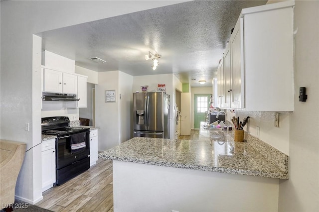 729 Concrete Ct, Las Vegas, NV 89110 - kitchen featuring black electric range oven, stainless steel fridge with ice dispenser, a peninsula, light wood-style floors, and white cabinets