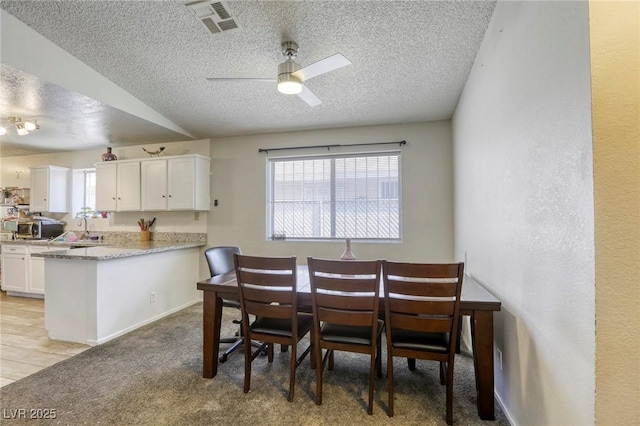729 Concrete Ct, Las Vegas, NV 89110 - dining room with a textured ceiling, healthy amount of natural light, a ceiling fan, and light colored carpet
