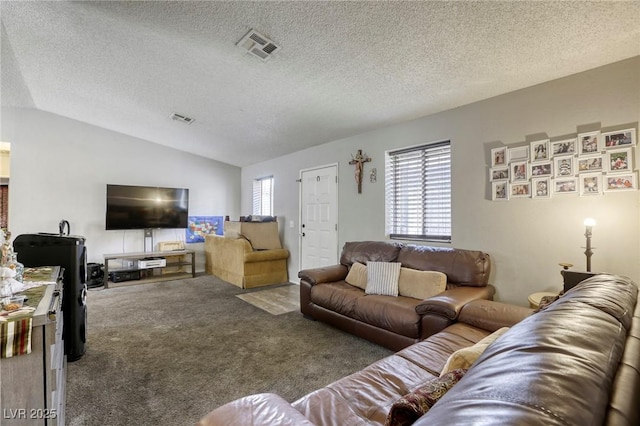 729 Concrete Ct, Las Vegas, NV 89110 - carpeted living area with plenty of natural light, lofted ceiling, and a textured ceiling