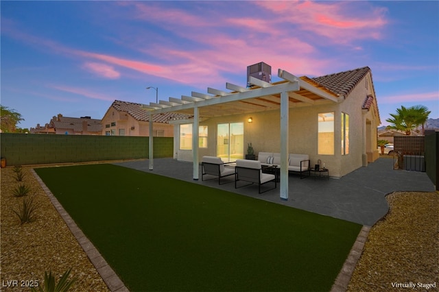 1904 Leaning Pine Way, Las Vegas, NV 89128 - back of property featuring an outdoor living space, a pergola, a fenced backyard, stucco siding, and a patio