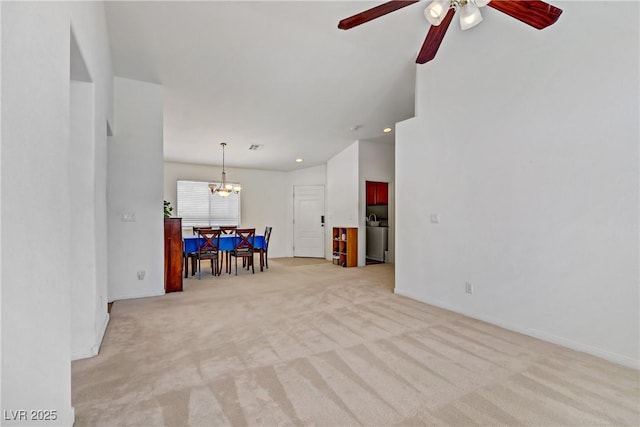 5630 Midnight Breeze St, North Las Vegas, NV 89081 - living room featuring ceiling fan, light colored carpet, a chandelier, and recessed lighting