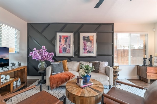 1467 Hialeah Dr Unit C, Las Vegas, NV 89119 - living room with wood finished floors, plenty of natural light, and ceiling fan