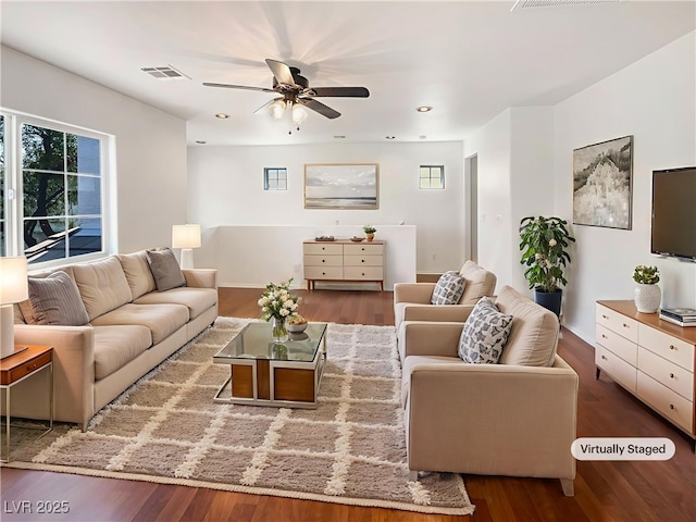 8872 Niche Ave, Las Vegas, NV 89149 - living room featuring a ceiling fan, wood finished floors, and recessed lighting