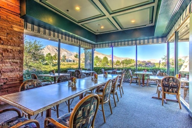 2406 Showcase Dr, Las Vegas, NV 89134 - sunroom featuring a mountain view, carpet floors, and coffered ceiling