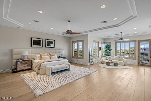 9801 Orient Express Ct, Las Vegas, NV 89145 - bedroom with access to exterior, multiple windows, light wood-style flooring, recessed lighting, and a ceiling fan