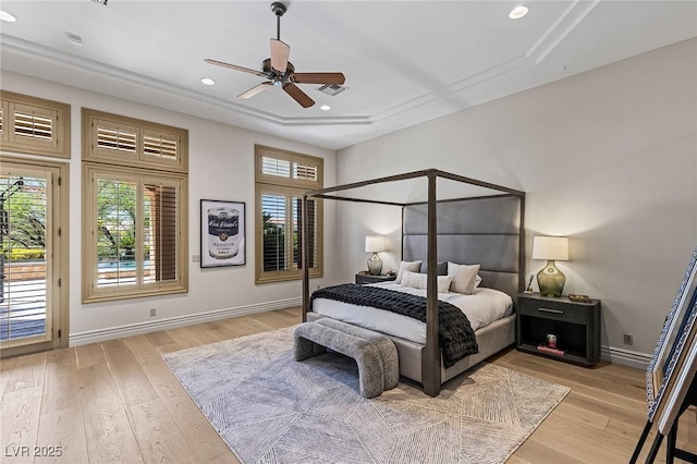 9801 Orient Express Ct, Las Vegas, NV 89145 - bedroom featuring access to outside, light wood-type flooring, a raised ceiling, recessed lighting, and a ceiling fan