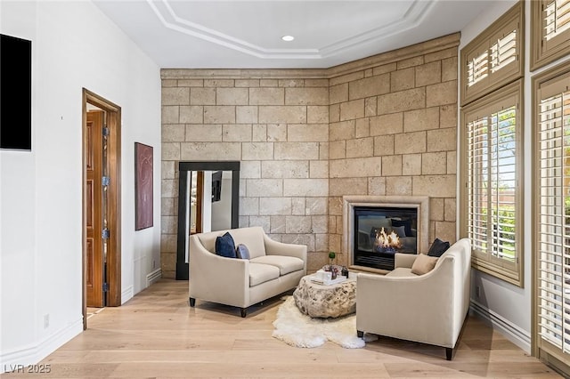 9801 Orient Express Ct, Las Vegas, NV 89145 - living area with a glass covered fireplace, light wood-style flooring, plenty of natural light, and a raised ceiling
