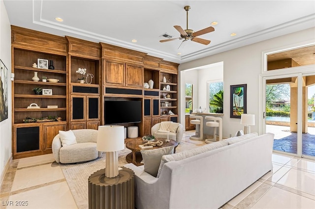 9801 Orient Express Ct, Las Vegas, NV 89145 - living room featuring a ceiling fan, built in shelves, recessed lighting, inlaid floor details, and light tile patterned floors