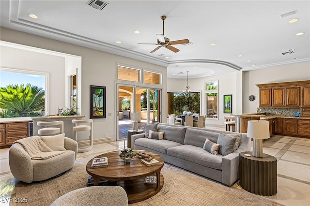 9801 Orient Express Ct, Las Vegas, NV 89145 - living room featuring recessed lighting, ceiling fan, healthy amount of natural light, and light tile patterned floors