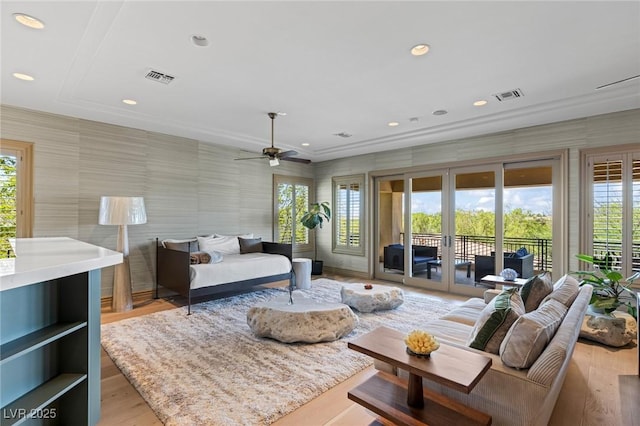 9801 Orient Express Ct, Las Vegas, NV 89145 - living room with a ceiling fan, light wood-style floors, wallpapered walls, plenty of natural light, and recessed lighting