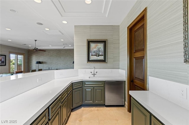 9801 Orient Express Ct, Las Vegas, NV 89145 - bar featuring ceiling fan, light tile patterned flooring, recessed lighting, and ornamental molding