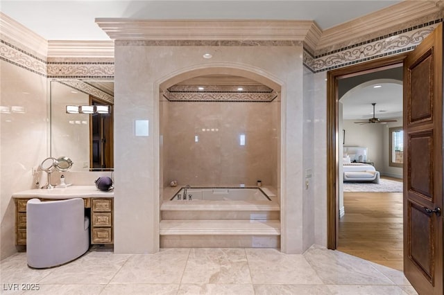 9801 Orient Express Ct, Las Vegas, NV 89145 - full bath featuring crown molding, a bath, and a ceiling fan