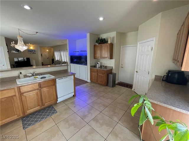 5625 Fast Payout Ct, Las Vegas, NV 89122 - kitchen with dishwasher, a chandelier, light tile patterned flooring, open floor plan, and brown cabinetry