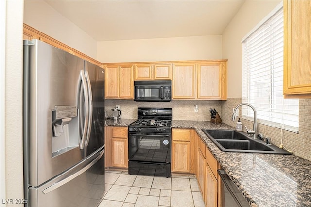 1453 Evening Song Ave, Henderson, NV 89012 - kitchen featuring black appliances, light brown cabinets, light tile patterned flooring, and tasteful backsplash