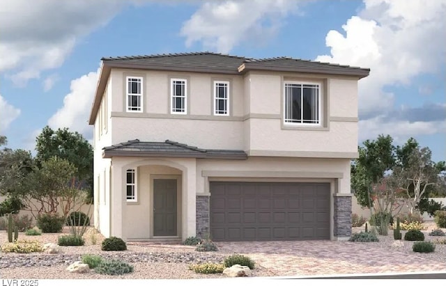 9945 Angel Valley Dr, Las Vegas, NV 89178 - view of front of property featuring stone siding, an attached garage, decorative driveway, stucco siding, and a tile roof