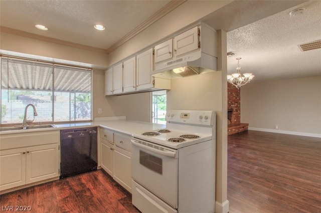 kitchen with black dishwasher, white cabinetry, electric range, and dark hardwood / wood-style floors