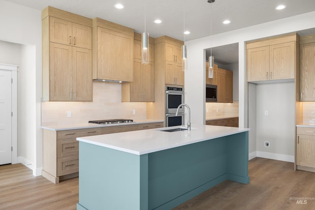 1351 E Andes Dr, Kuna, ID 83634 - kitchen featuring a sink, stainless steel appliances, tasteful backsplash, light wood-style floors, and light countertops