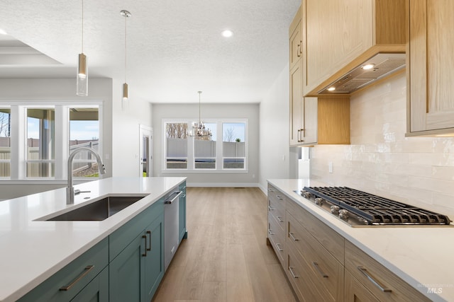 1351 E Andes Dr, Kuna, ID 83634 - kitchen featuring stainless steel appliances, a sink, backsplash, light wood-style floors, and baseboards
