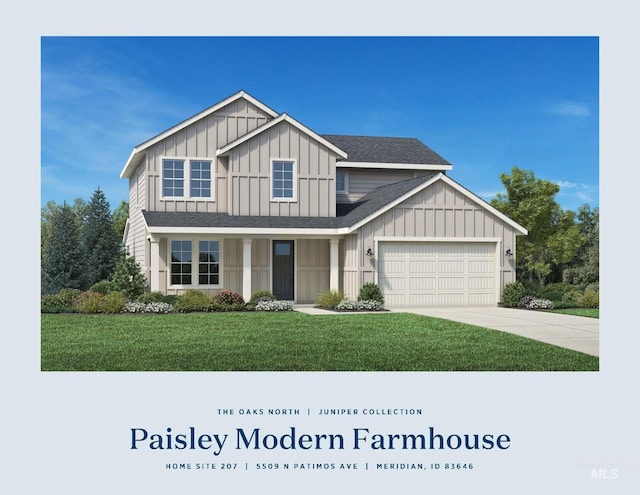 view of front of property with a shingled roof, board and batten siding, driveway, a front yard, and a garage