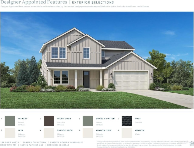 view of front of home featuring a front lawn, concrete driveway, an attached garage, a shingled roof, and board and batten siding